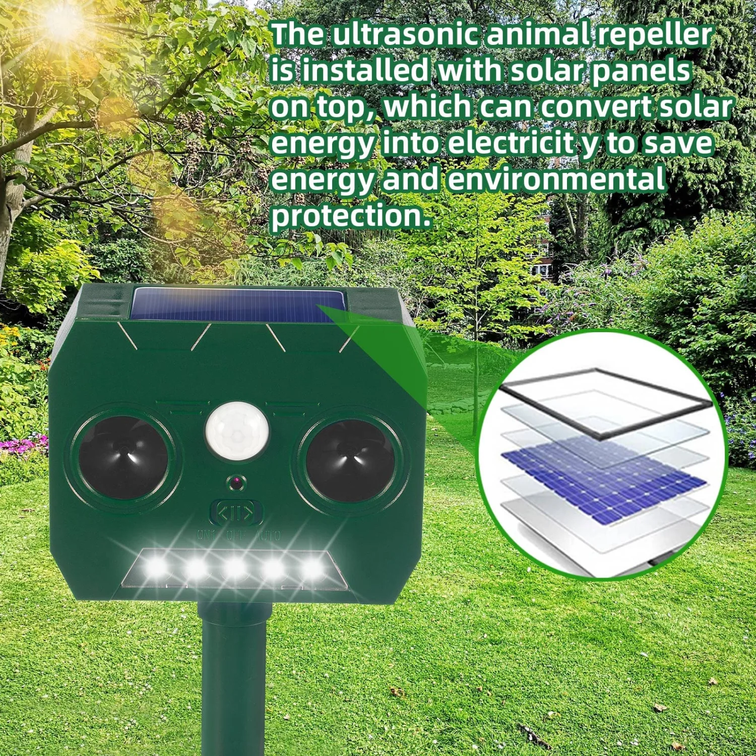 Solar Animal Repeller Ultrasonic Cat Deterrent Outdoor with Motion Sensor & 5 Strong Strobe Light & Dual Speaker, Waterproof Animal Repellent Outdoor to Repel Dog Cat Deer Skunk Raccoon Coyote, 2 Pack
