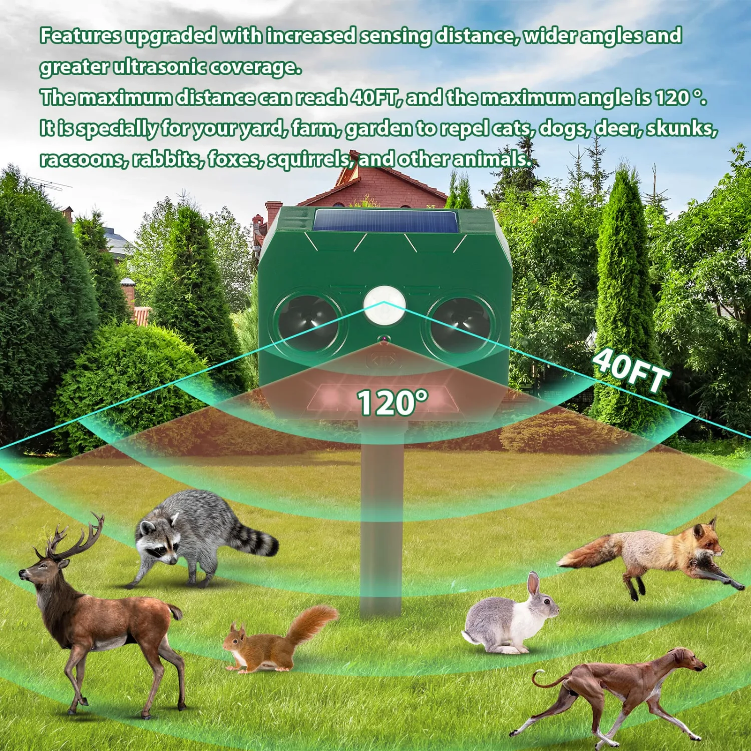 Solar Animal Repeller Ultrasonic Cat Deterrent Outdoor with Motion Sensor & 5 Strong Strobe Light & Dual Speaker, Waterproof Animal Repellent Outdoor to Repel Dog Cat Deer Skunk Raccoon Coyote, 2 Pack