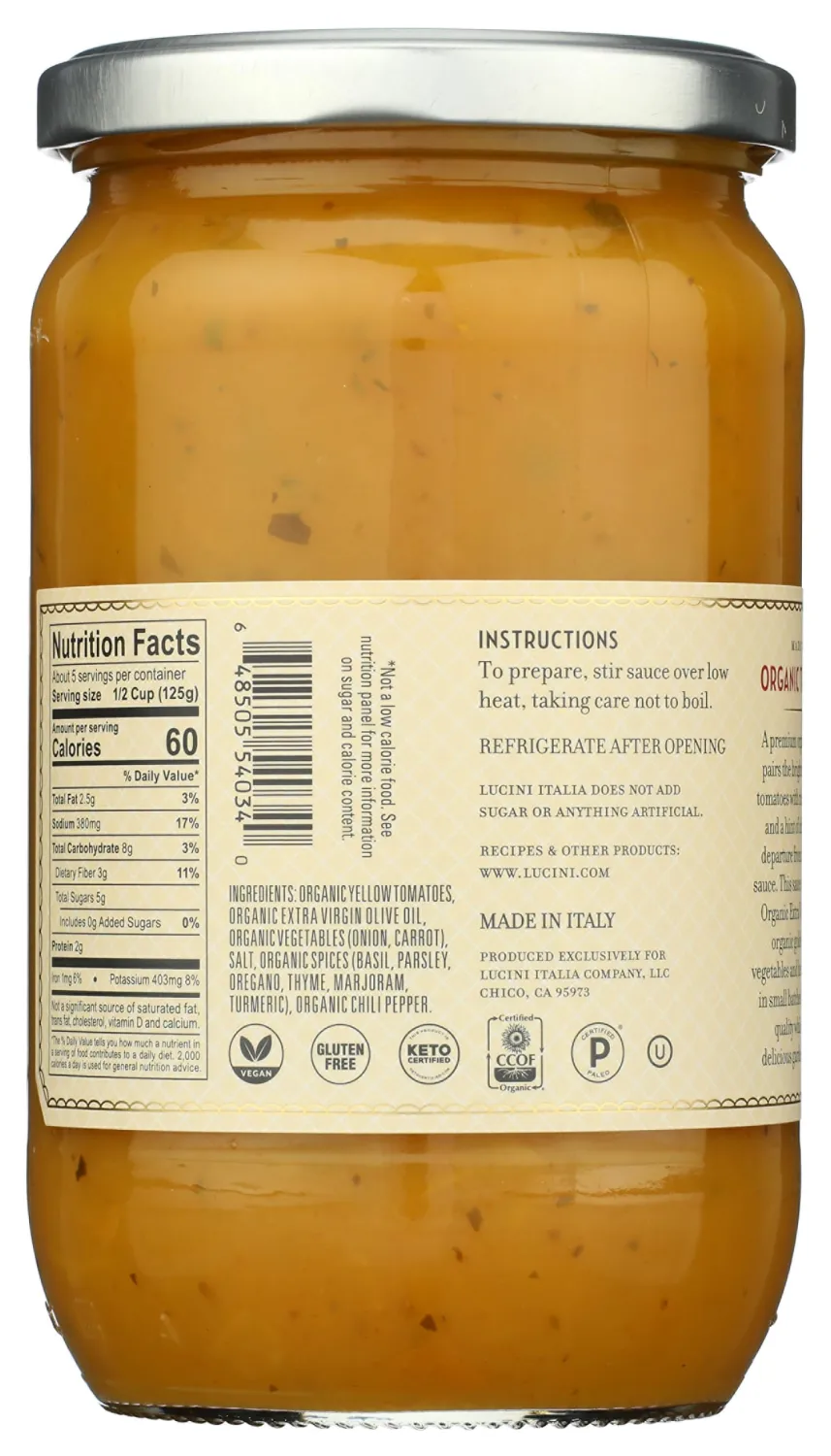 Lucini Organic Golden Tomato Sauce - Classic Italian Sauce in Glass Jar - Fresh Organic Tomatoes - No Sugar Added Pasta Sauce, 24 oz
