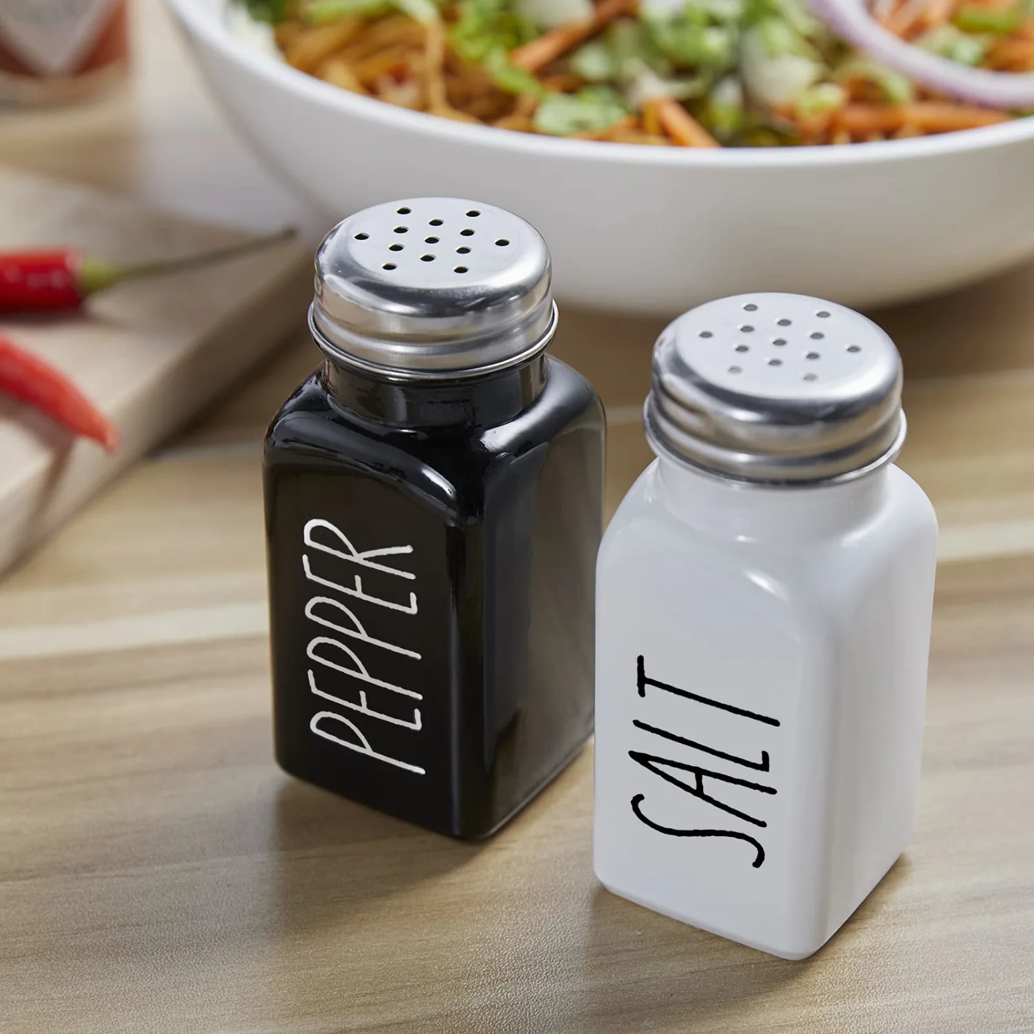 Bivvclaz Salt and Pepper Shakers Set, Cute Glass Spice Shaker with Stainless Steel Lid, Black and White Kitchen Table Decor and Accessories for Counter, for Kitchen Wedding Gifts, 2.7oz Each