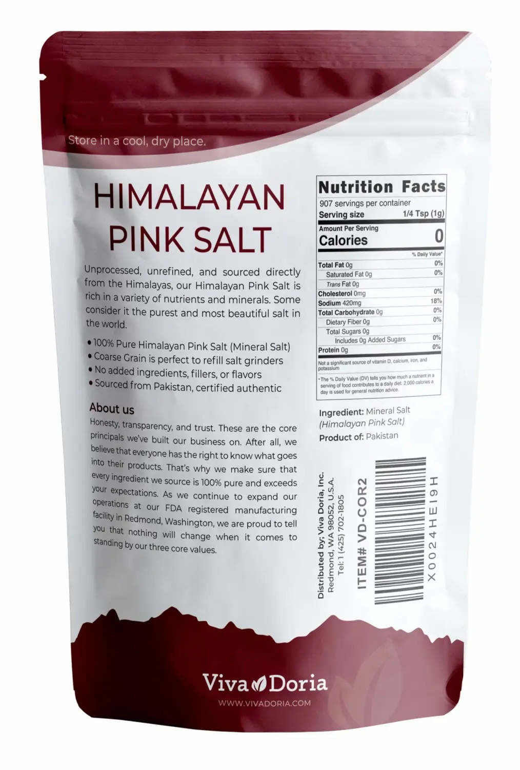 Viva Doria Himalayan Pink Salt, Coarse Grain, Certified Authentic, 2 lb (907 g) For Grinder Refills