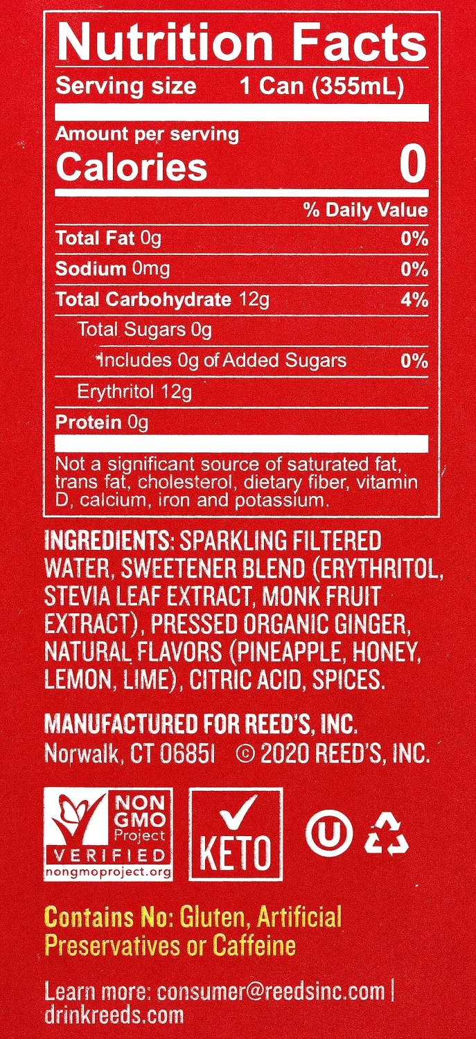 Reed's, Zero Sugar Extra Ginger Beer, Great Tasting All Natural Certified Ketogenic Soda Drink,12 Fl Oz (Pack of 4)