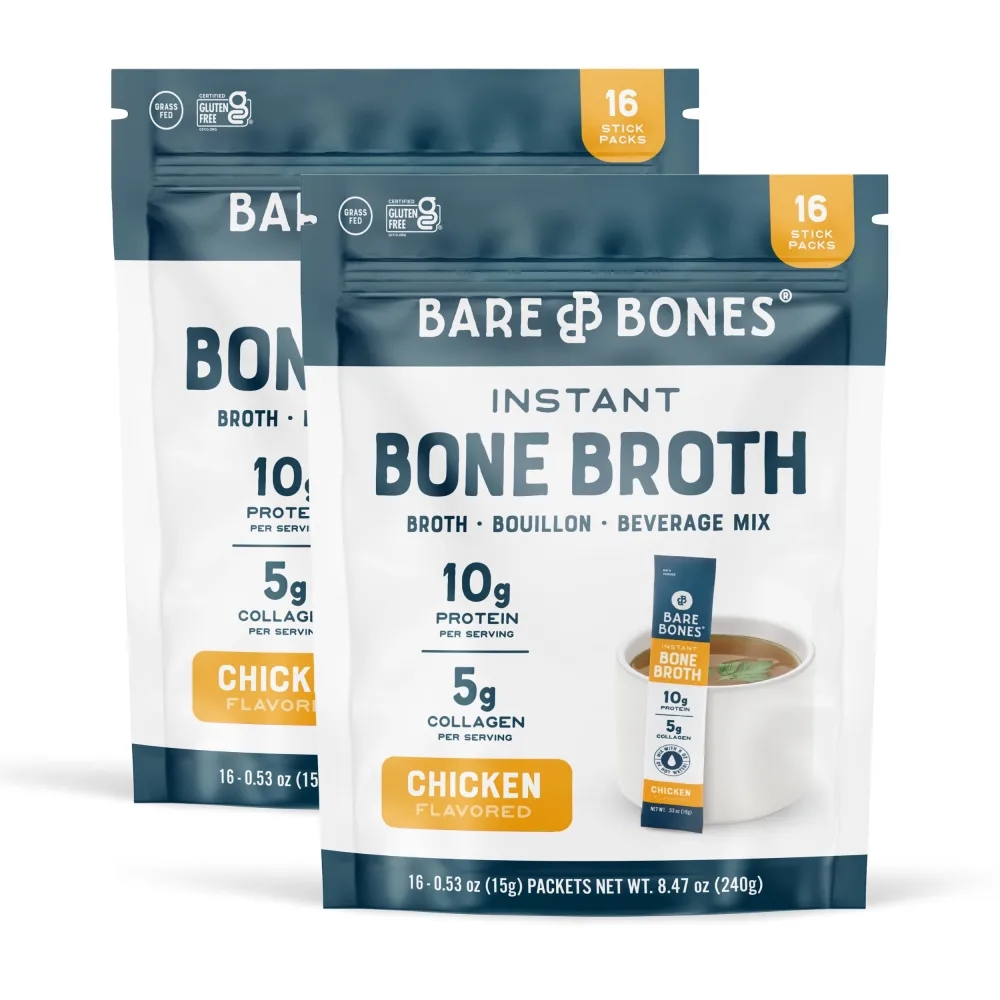 Bare Bones Chicken Bone Broth Instant Powdered Mix | Rich Savory Packets on-the-Go No Artificial Flavors | 100% Grass Fed Keto & Paleo Friendly | 10g Protein | 32 Pack