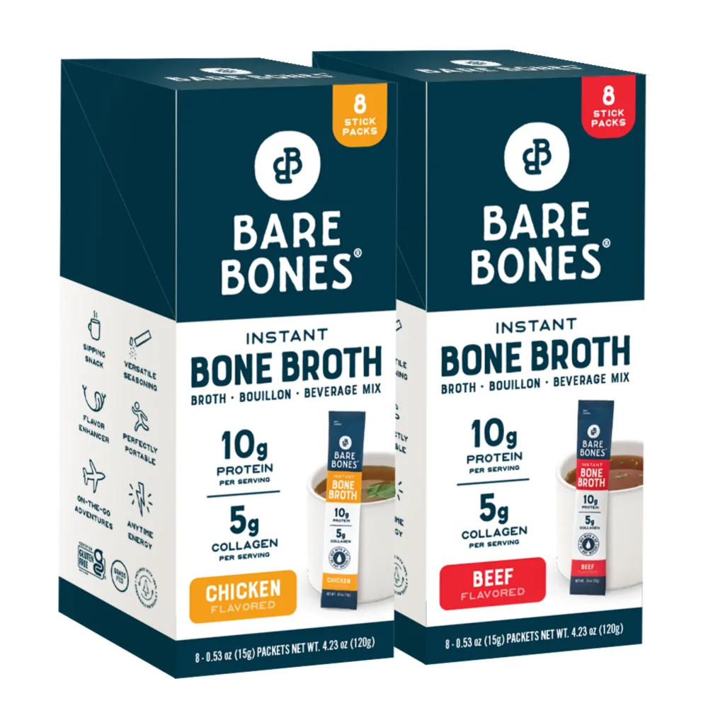 Bare Bones Bone Broth Instant Powdered Mix, Variety Pack, 8 Chicken and 8 Beef, 15g Sticks, 10g Protein, Keto & Paleo Friendly Bone Broth Packets, 16 Total Servings