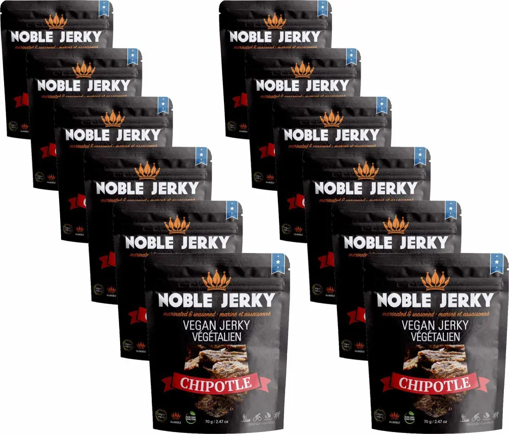 Noble Jerky - Vegan, Vegetarian, Plant Based Snack, Non-GMO (Chipotle, 12 Bags (70 gram Bags))