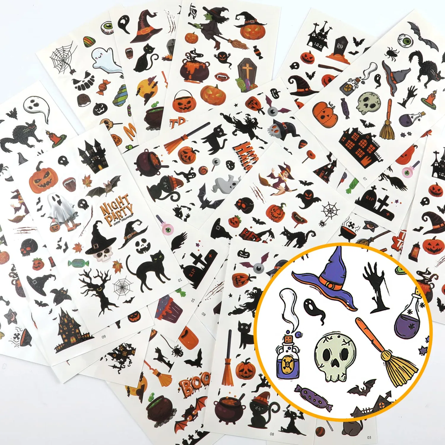 20 Sheets Halloween Stickers, Halloween Round Stickers Waterproof Halloween Temporary Tattoos Pumpkins Stickers Witch Sugar Skull Tattoos for Party Favors