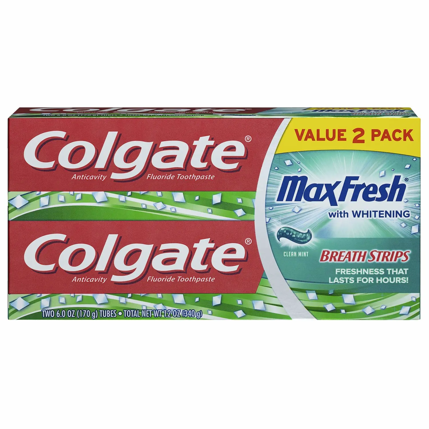Colgate Max Fresh Whitening Toothpaste with Mini Breath Strips, Clean Mint - 6 ounce (2 Pack)