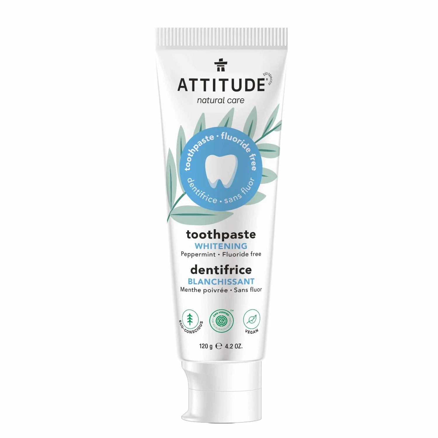 ATTITUDE Fluoride-Free Toothpaste, Plant- and Mineral-Based Ingredients, Vegan, Cruelty-Free and Sugar-Free, Whitening, Peppermint, 4.2 Oz (16741)