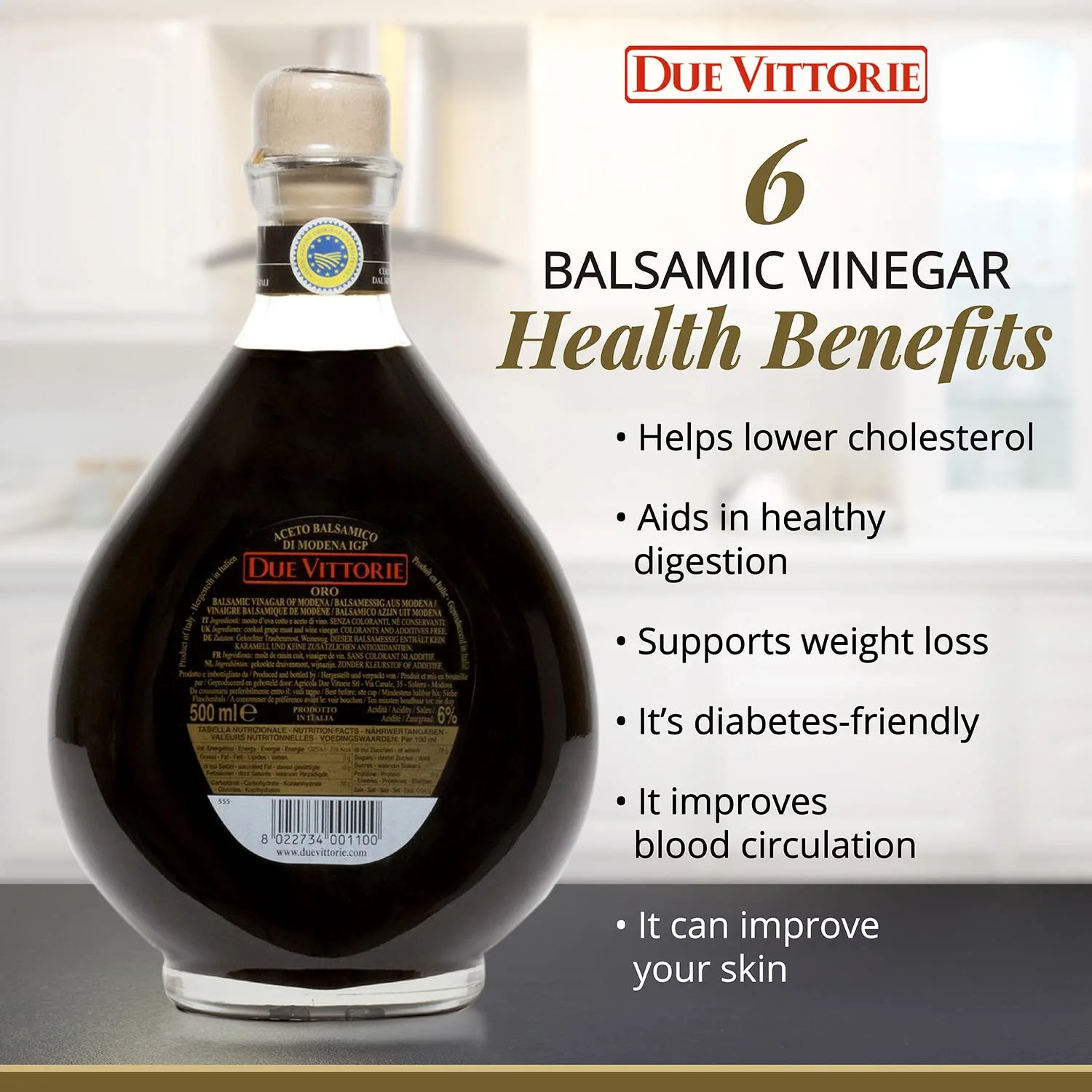 Due Vittorie Oro Gold Balsamic Vinegar of Modena.in Glass Decanter - 500ml with Built in Pourer