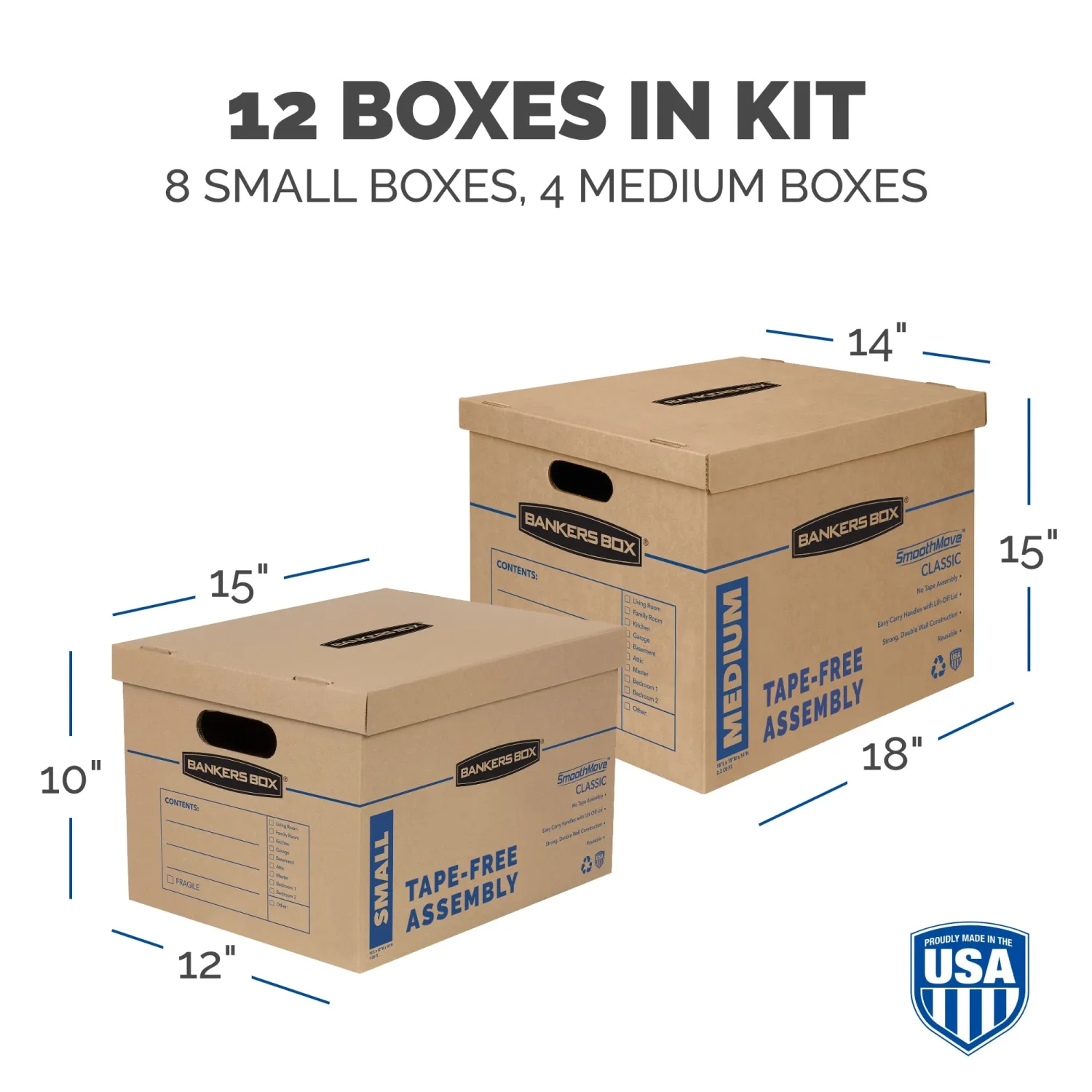 Bankers Box SmoothMove Classic Tape-Free Moving Boxes, Storage Boxes With Lids and Easy Carry Handles, Assorted, 12 Pack (7716401)