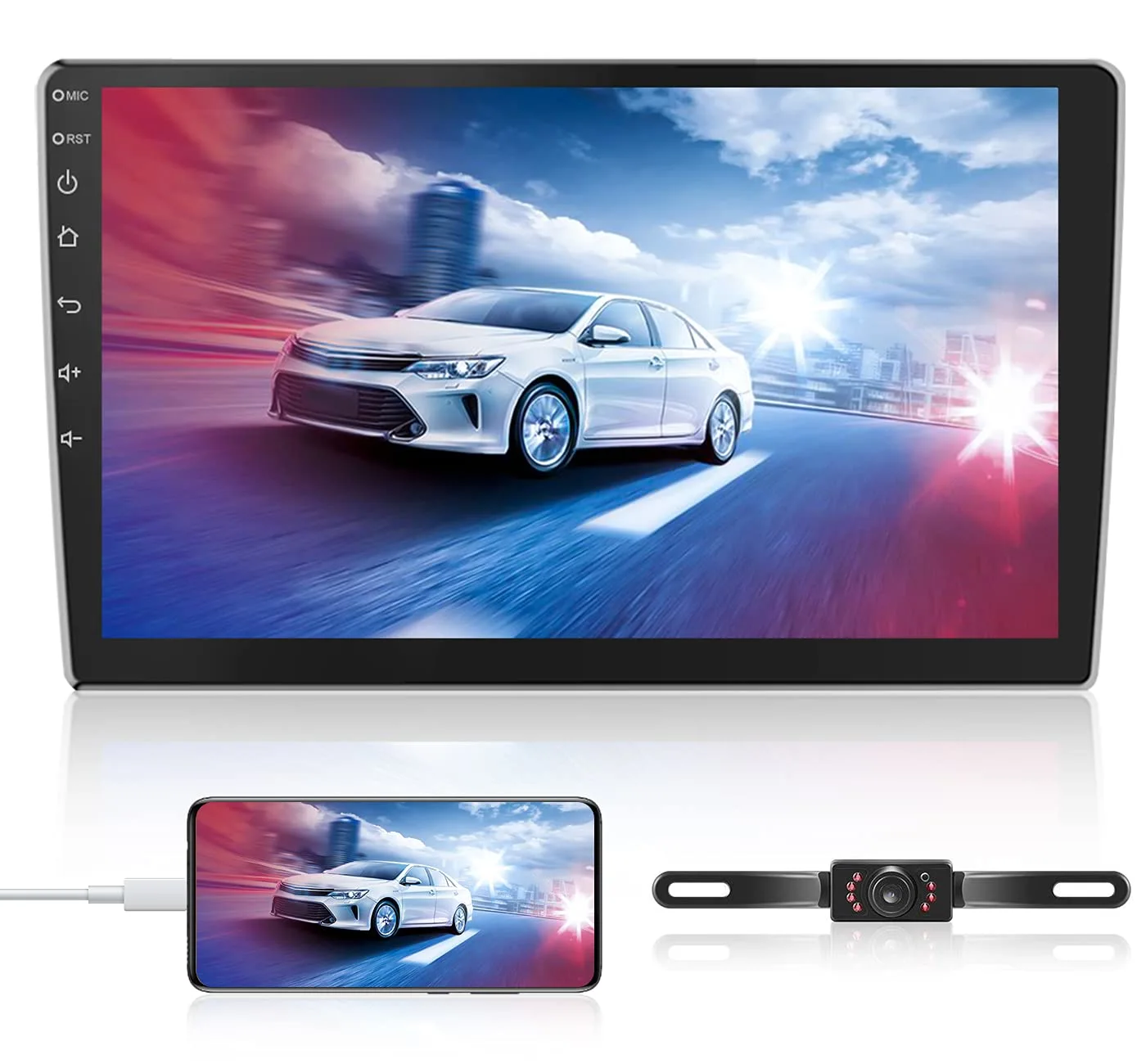 Double Din Car Stereo Radio Receiver, 10.1” 2.5D Curved HD Touch Screen Head Unit Multimedia Player, Support Rear View Camera&Android iOS Mirror Link Dual USB Input+License Plate Camera