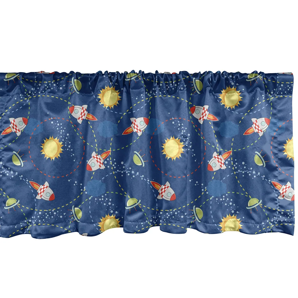 Ambesonne Space Window Valance, Little Cartoon Rocket with Circular Flight Path and UFOs Sun Polka Dots Skyline, Rod Pocket Curtain Valances for Kitchen Bedroom, 54" X 18", Dark Blue Multicolor