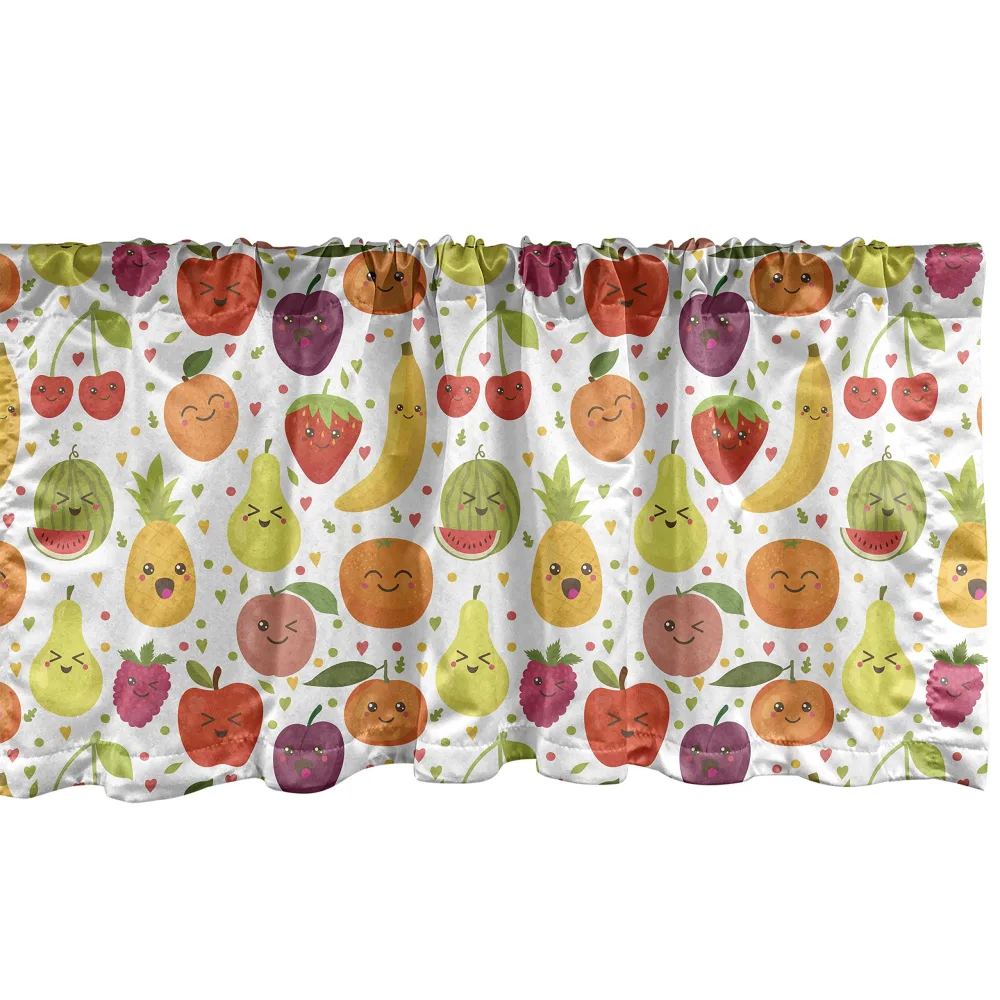 Ambesonne Fruits Window Valance, Smiling Banana Funny Mulberry Happy Apricot Peach Hearts Lemons Theme, Curtain Valance for Kitchen Bedroom Decor with Rod Pocket, 54" X 12", Plum Orange Yellow