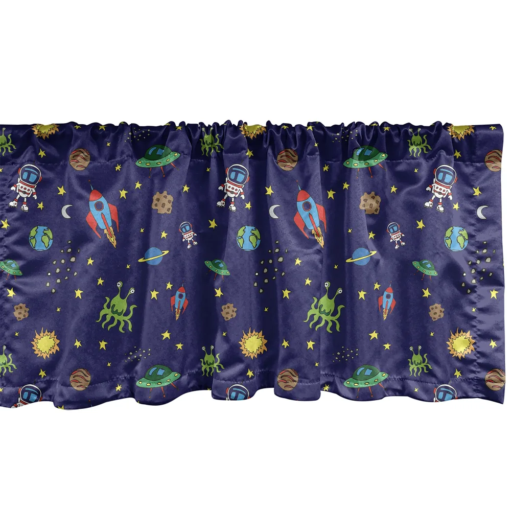 Ambesonne Space Window Valance, Doodle Style Cartoon Rocket Astronaut and UFO Alien Life Forms Earth Heavenly Bodies, Rod Pocket Curtain Valances for Kitchen Bedroom, 54" X 12", Indigo and Multicolor