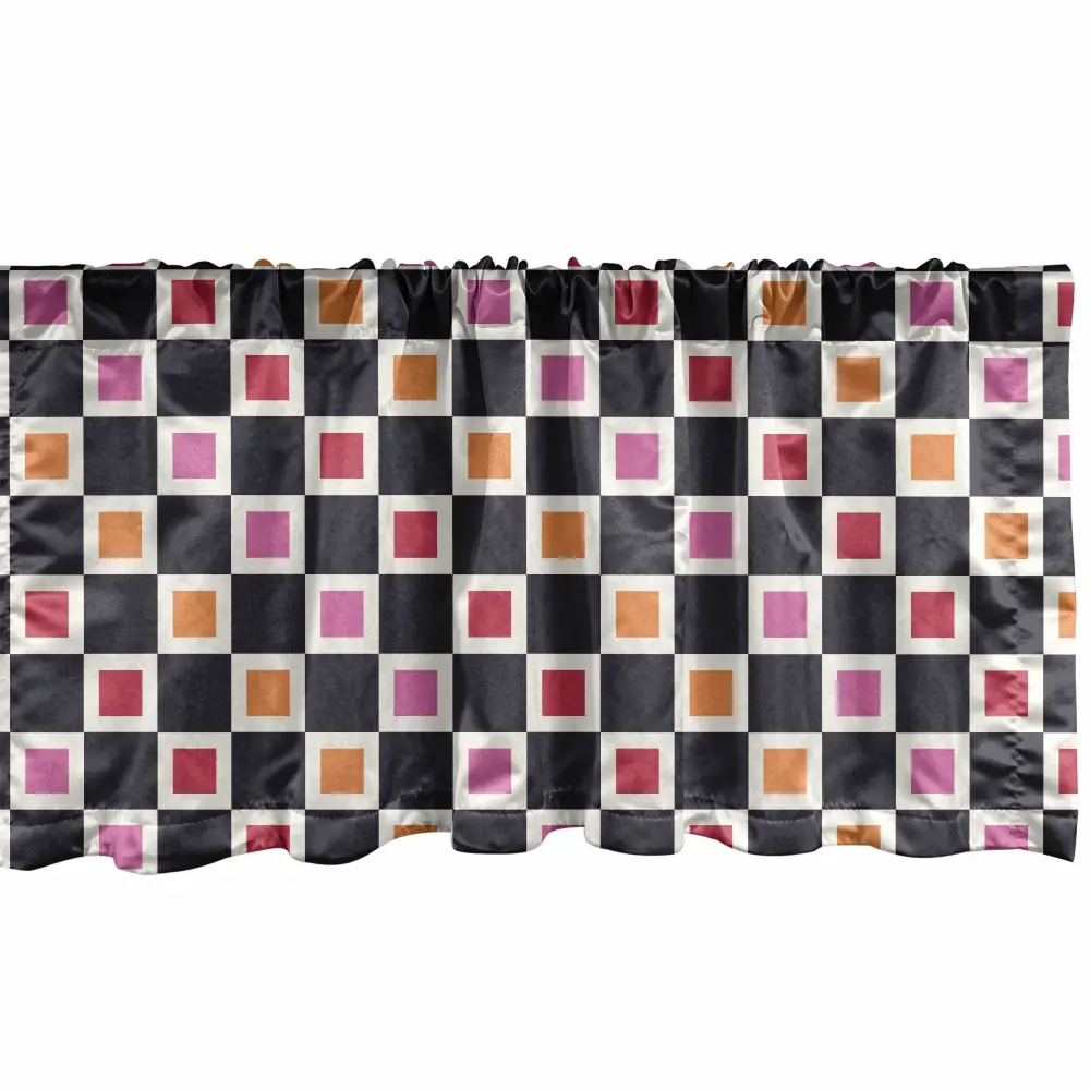 Ambesonne Geometric Window Valance, Grid Style Checkered Pattern with Cool Vivid Squares Geometrical Retro Motifs, Rod Pocket Curtain Valances for Kitchen Bedroom, 54" X 12", Pink Grey Orange