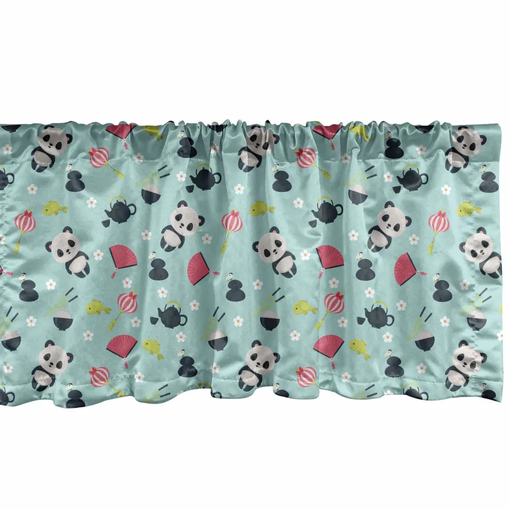 Ambesonne Asian Window Valance, Panda Bears Koi Fishes Chopsticks Tea and Ricebowl Japanese Far Eastern Illustration, Rod Pocket Curtain Valances for Kitchen Bedroom, 54" X 18", Pale Blue Pink