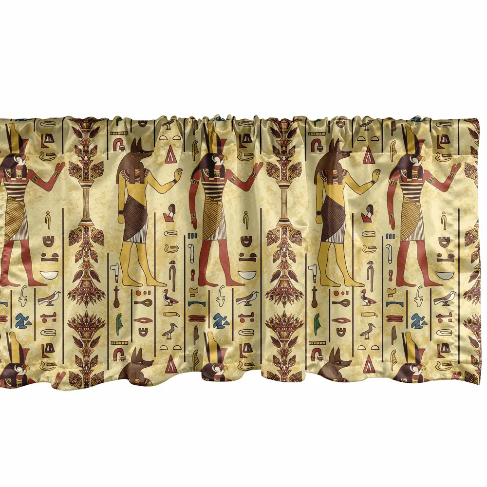 Ambesonne Egyptian Print Window Valance, Grunge Aged Paper Style Backdrop with Retro Characters and Hieroglyphs, Curtain Valance for Kitchen Bedroom Decor with Rod Pocket, 54" X 18", Cream Cocoa