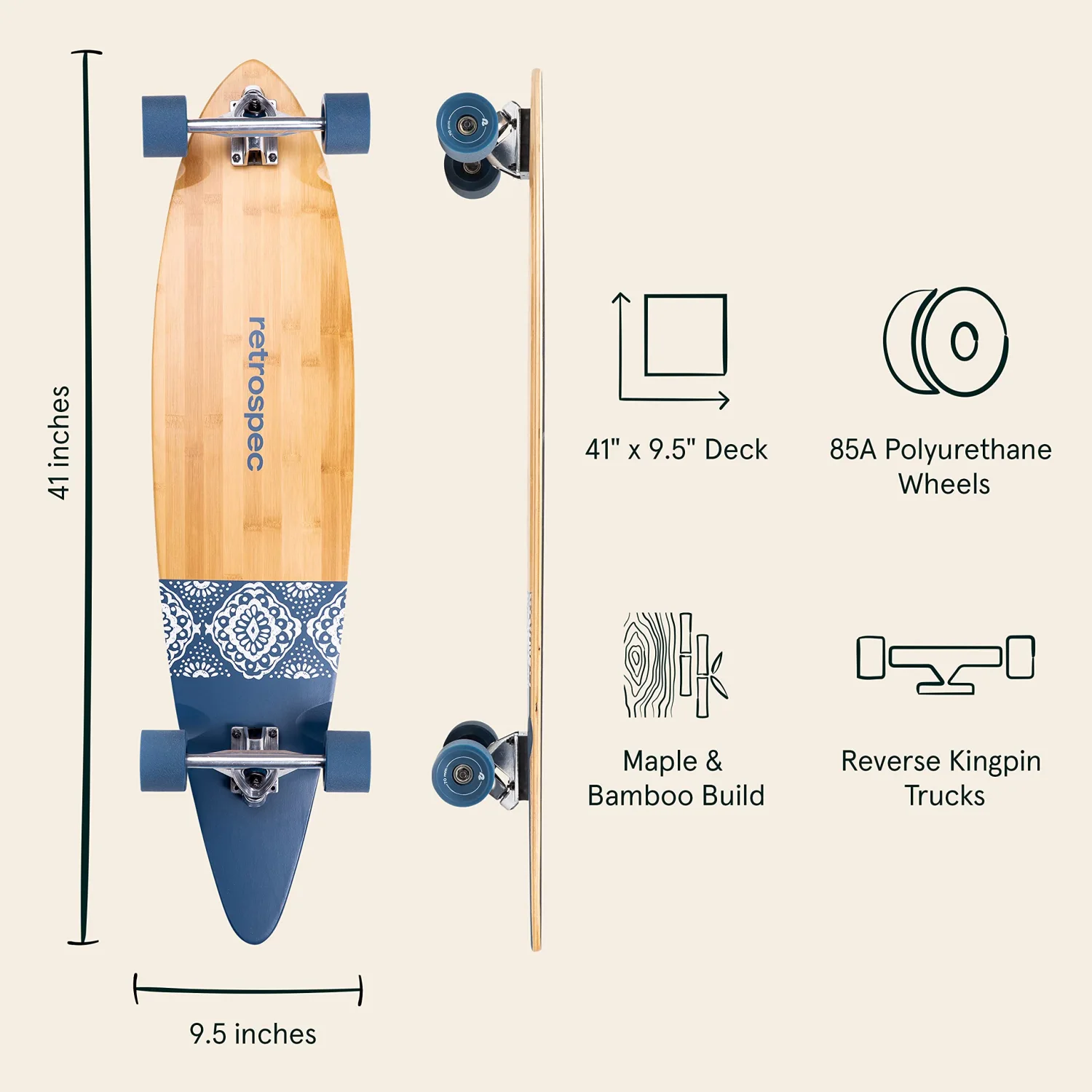 Retrospec Zed Pintail Longboard Skateboard Complete Cruiser | Bamboo & Canadian Maple Wood Cruiser w/Reverse Kingpin Trucks for Commuting, Cruising, Carving & Downhill Riding