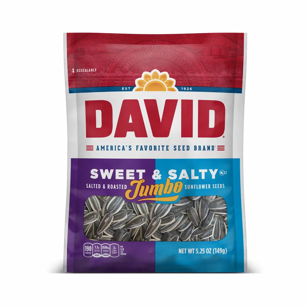 DAVID Seeds Sweet and Salty Salted and Roasted Jumbo Sunflower Seeds, 5.25 OZ Bags, 12 Pack