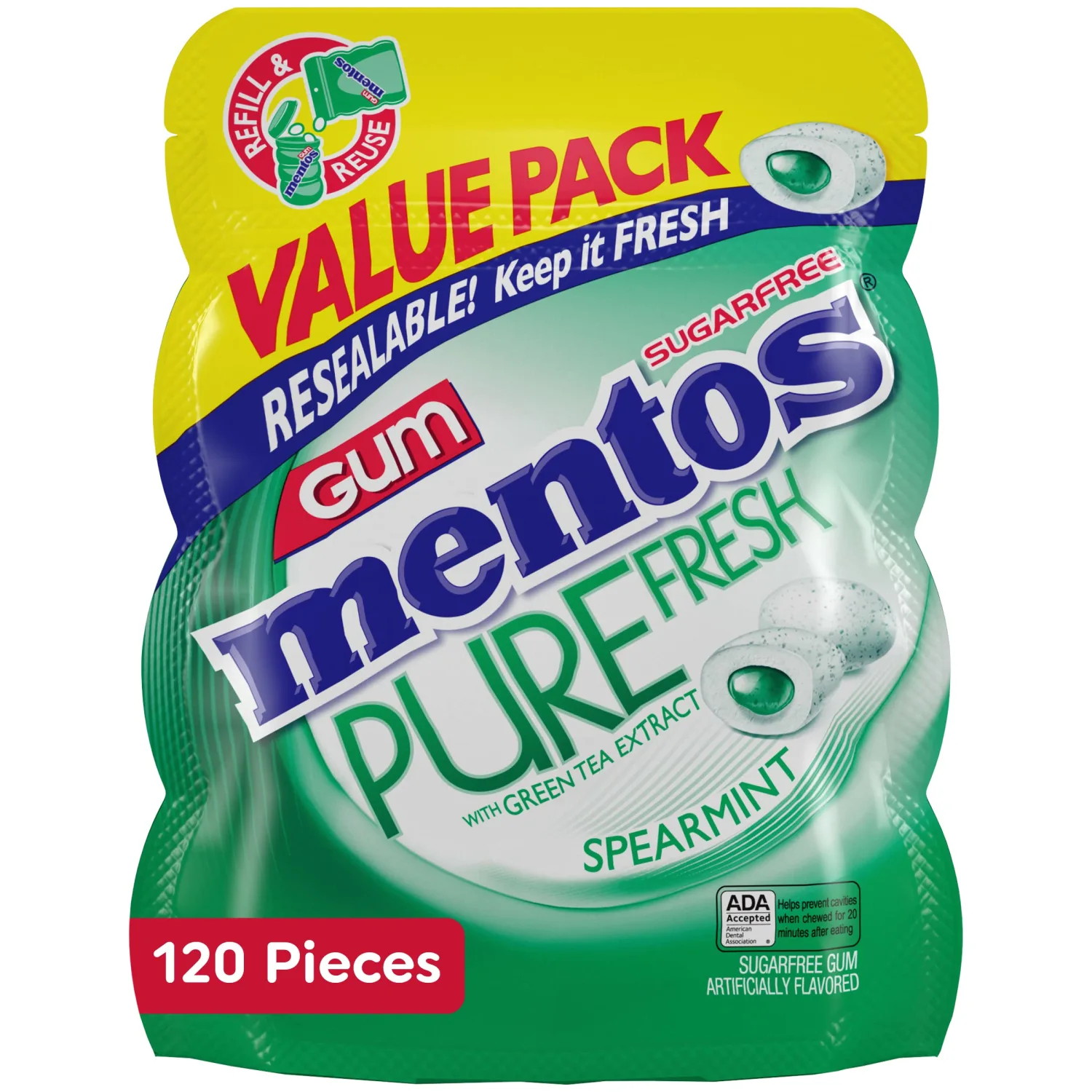 Mentos Pure Fresh Sugar-Free Chewing Gum with Xylitol, Spearmint, 120 Piece Resealable Bag (Bulk Pack of 4)