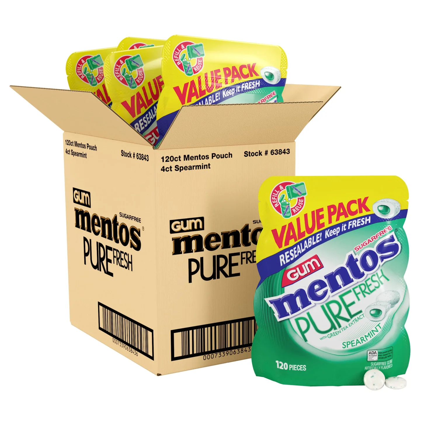 Mentos Pure Fresh Sugar-Free Chewing Gum with Xylitol, Spearmint, 120 Piece Resealable Bag (Bulk Pack of 4)