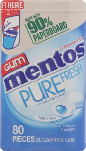 Mentos Pure Fresh Sugar-Free Chewing Gum with Xylitol, Fresh Mint, in a recyclable 90% Paperboard Bottle, 80 Piece (Pack of 1)