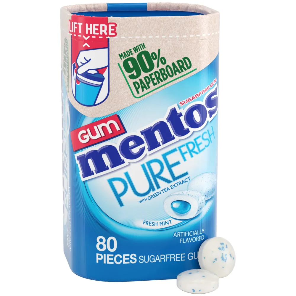 Mentos Pure Fresh Sugar-Free Chewing Gum with Xylitol, Fresh Mint, in a recyclable 90% Paperboard Bottle, 80 Piece (Pack of 1)