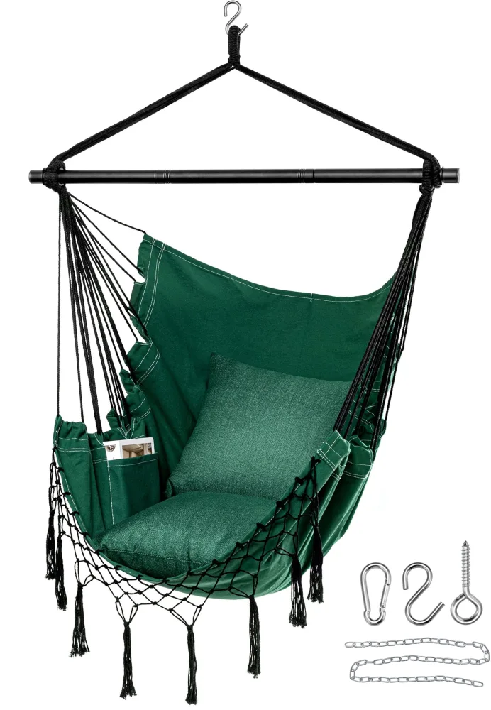 Jelofly Hammock Chair Large Hanging Rope Swing Seat Chair with Pocket Max 350 Lbs Superior Comfortable for Indoor Outdoor Home Bedroom Garden, Seat Cushions Not Included (Green)