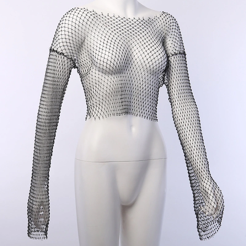 Fishnet Hot Drill Blouse Short Cutout Top