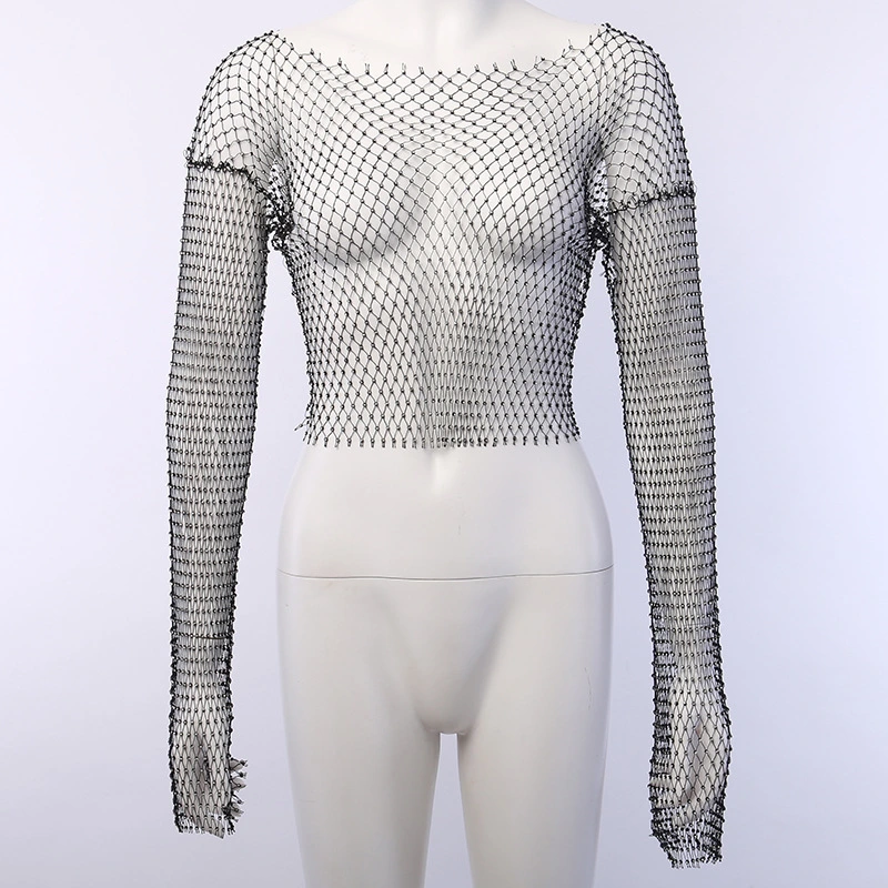 Fishnet Hot Drill Blouse Short Cutout Top