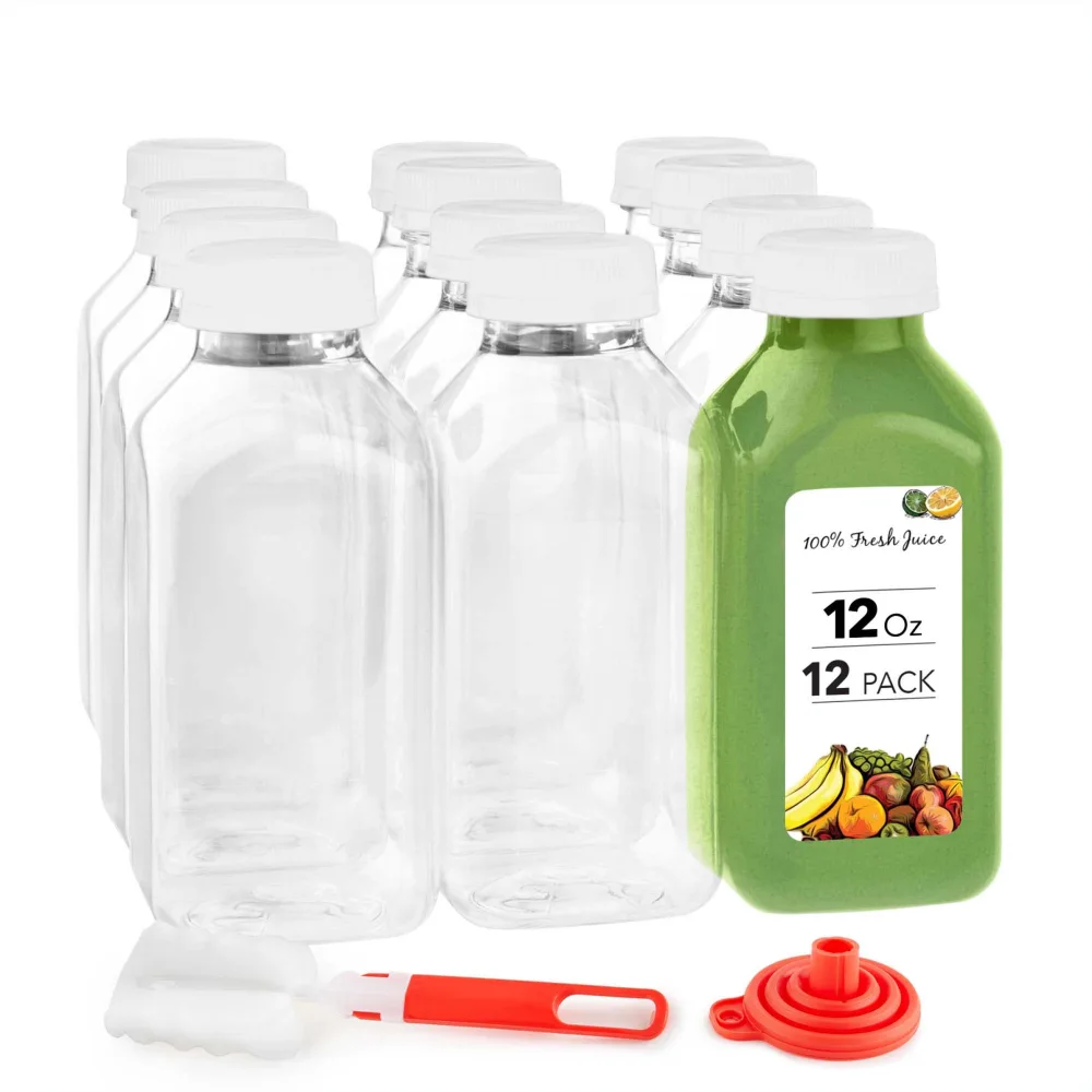 Juice Bottles with Caps for Juicing & Smoothies, Reusable Clear Empty Plastic Bottles with Caps, 12 Ounce Drink Containers for Mini Fridge, Juicer Shots, Small Water Bottles Bulk 12 oz (12 Pack)