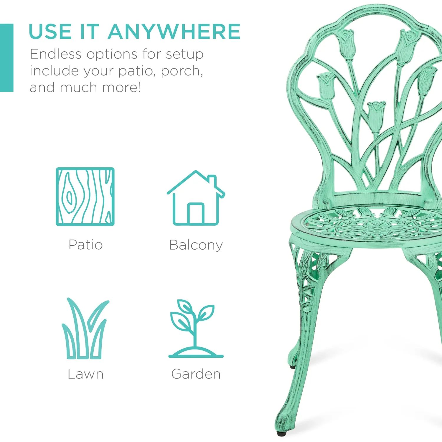 Best Choice Products 3-Piece Outdoor Rust-Resistant Cast Aluminum Patio Bistro Set w/Tulip Design, Antique Finish - Teal