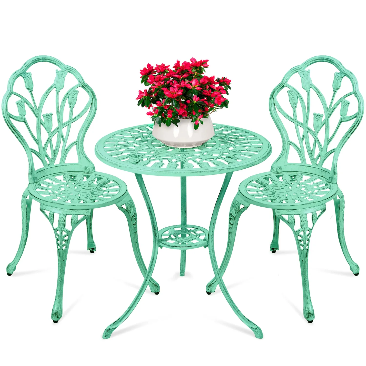 Best Choice Products 3-Piece Outdoor Rust-Resistant Cast Aluminum Patio Bistro Set w/Tulip Design, Antique Finish - Teal