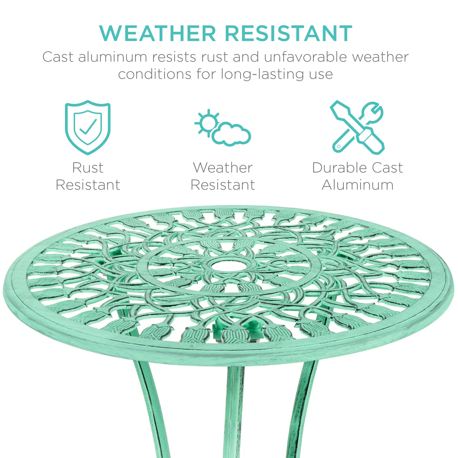 Best Choice Products 3-Piece Outdoor Rust-Resistant Cast Aluminum Patio Bistro Set w/Tulip Design, Antique Finish - Teal