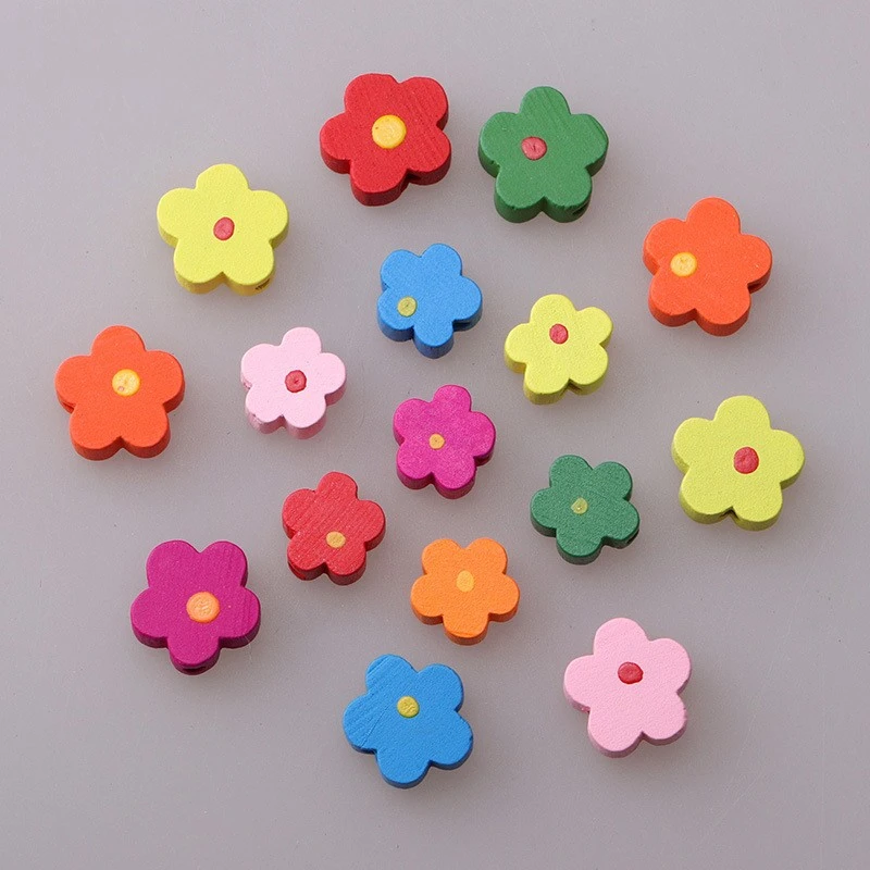 Colorful Flower Shaped Wood Print Point Wood Loose Beads