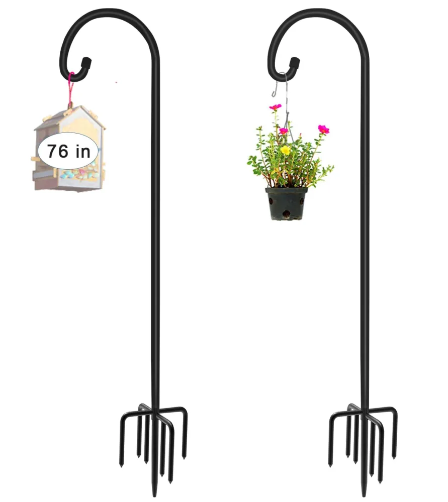 76 inch Outdoor Shepherd Hook with 5 Prong Base (2 Packs), Adjustable Heavy Duty Garden Hanging Stake for Bird Feeder Solar Light Plant Hanger Wedding Decor, Matte Black