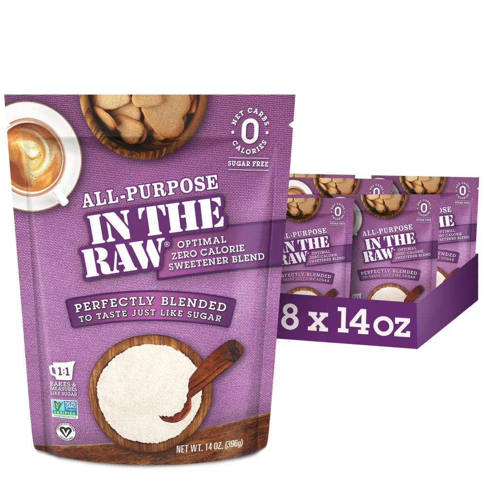 All-Purpose In The Raw Nature’s Zero Calorie Sweetener, Sugar Free Substitute Baking, Coffee, Stevia, Monk Fruit, Allulose, Erythritol Blend, Keto, Low Carb, Vegan, Gluten Free, 14 Oz (Pack of 8)