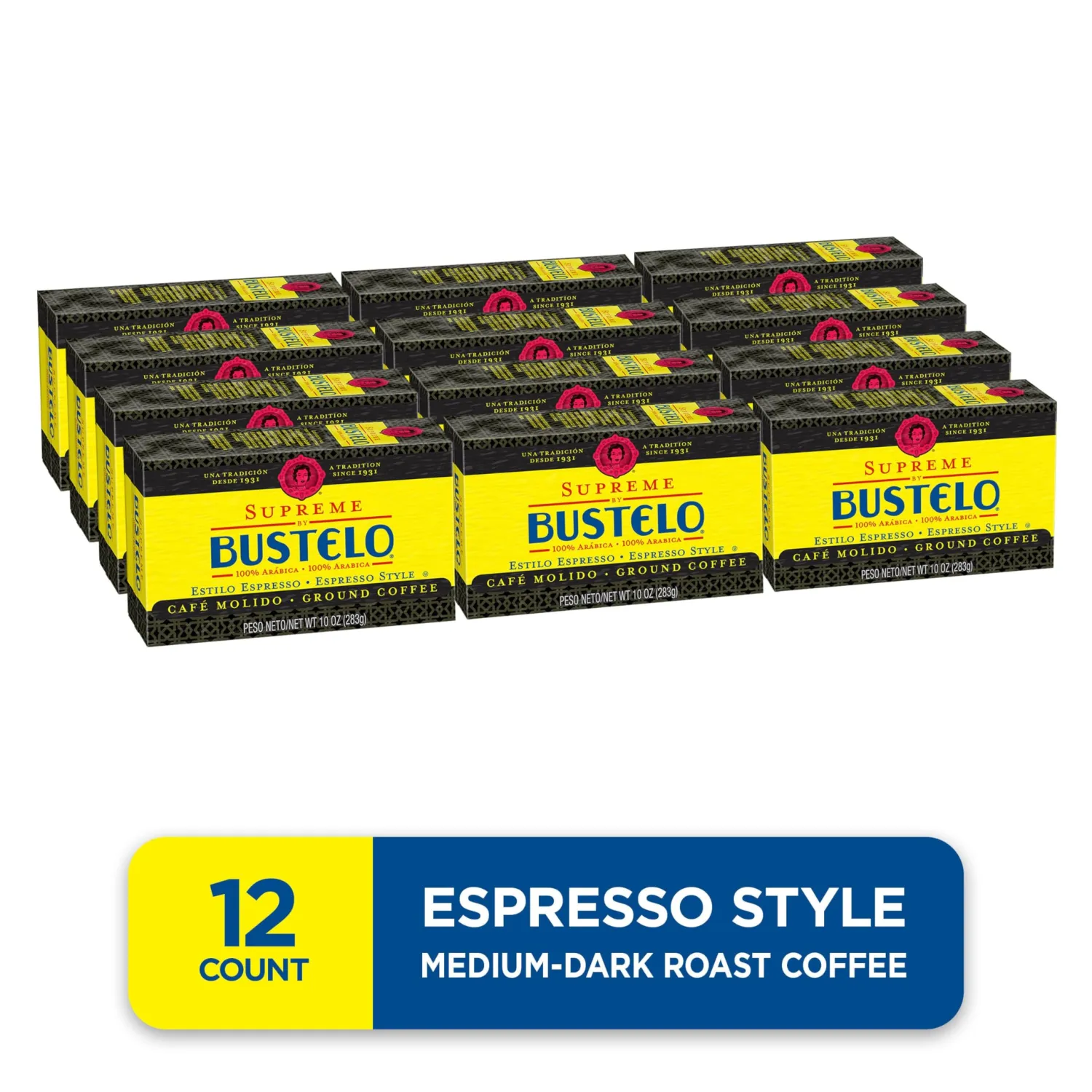 Café Bustelo Supreme by Bustelo Espresso Style Dark Roast Ground Coffee Brick, 10 Ounces (Pack of 12)