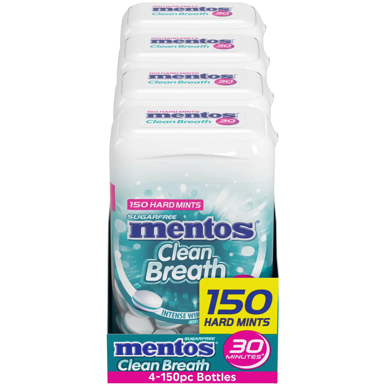 Mentos Clean Breath Sugarfree Hard Mint, 150pc, Intense Wintergreen (Pack of 4 Bottles)