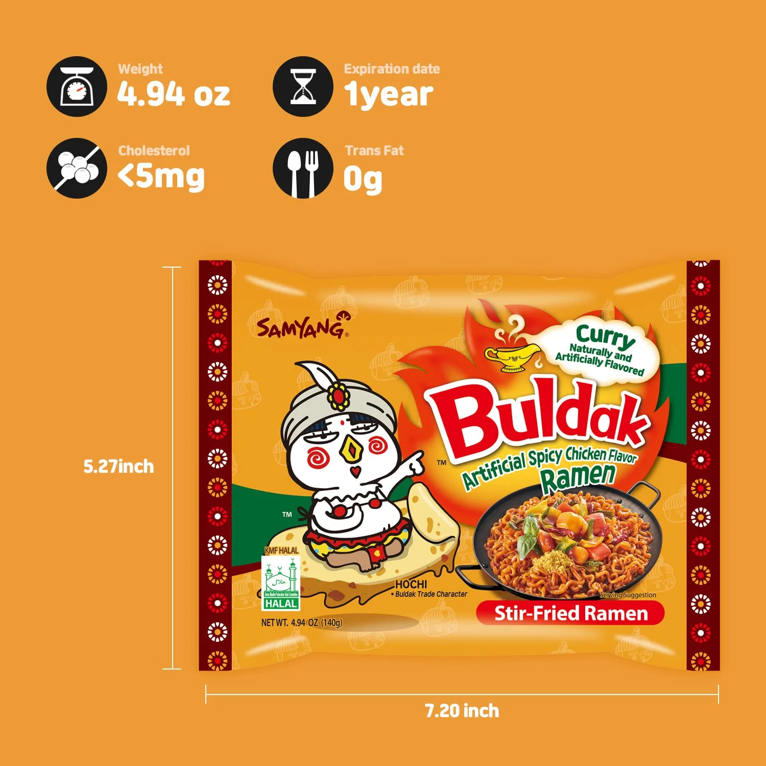 Samyang Curry Buldak Korean Spicy Hot Chicken Stir Fried Ramen Noodles 4.94oz (Pack of 5)