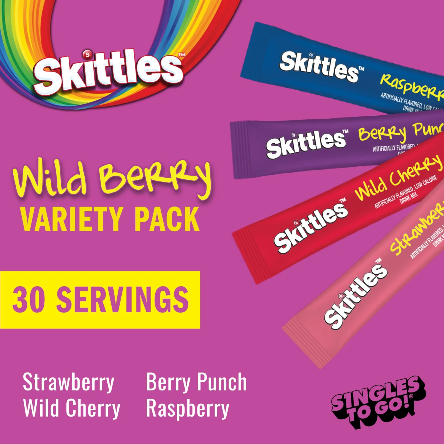 Skittles Singles To Go Wild Berry Variety Pack, Watertok Powdered Drink Mix, Zero Sugar, Low Calorie, Includes 4 Wild Berry Flavors, 1 Box (30 Single Servings)