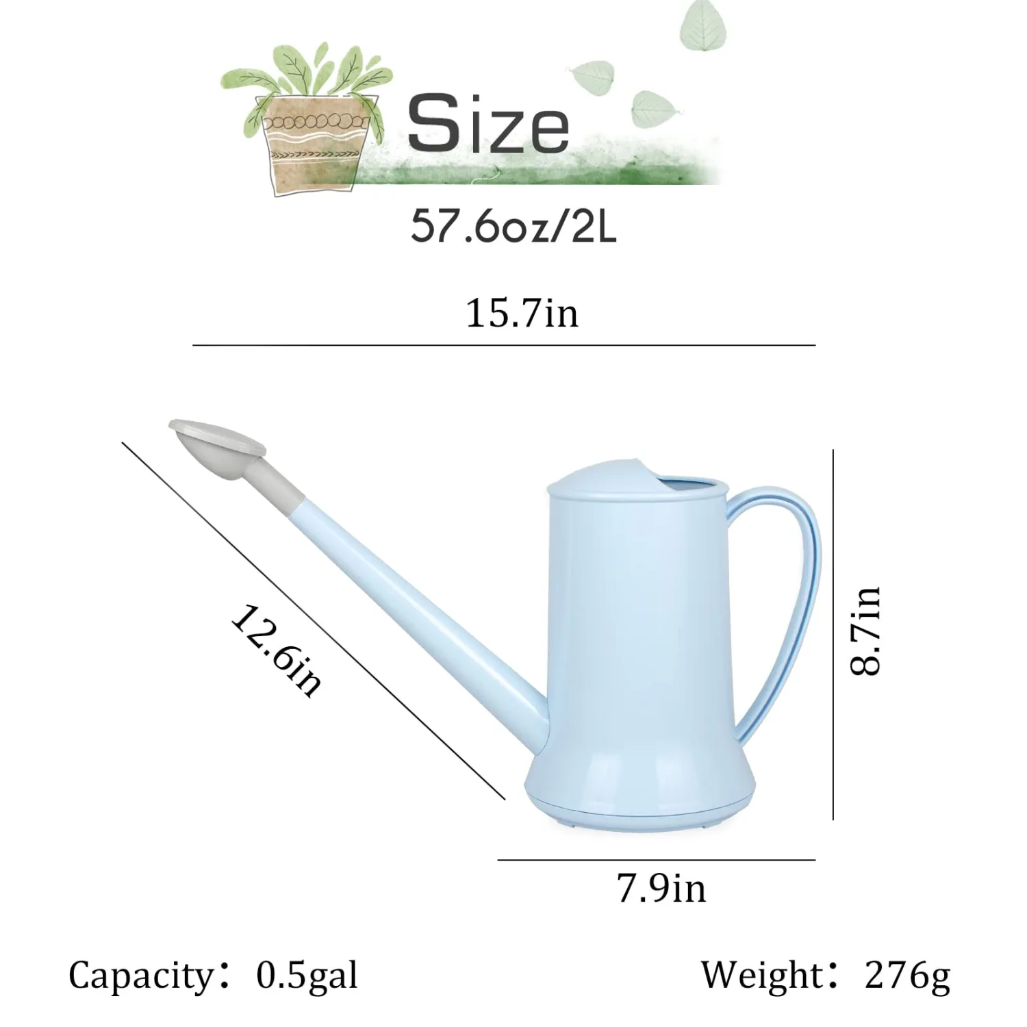 XXXFLOWER 1/2 Gallon Small Indoor Plant Watering Can, 2L Long Spout Removable Nozzle Flower Watering Pot for Office House Indoor Garden（Blue,67 oz）