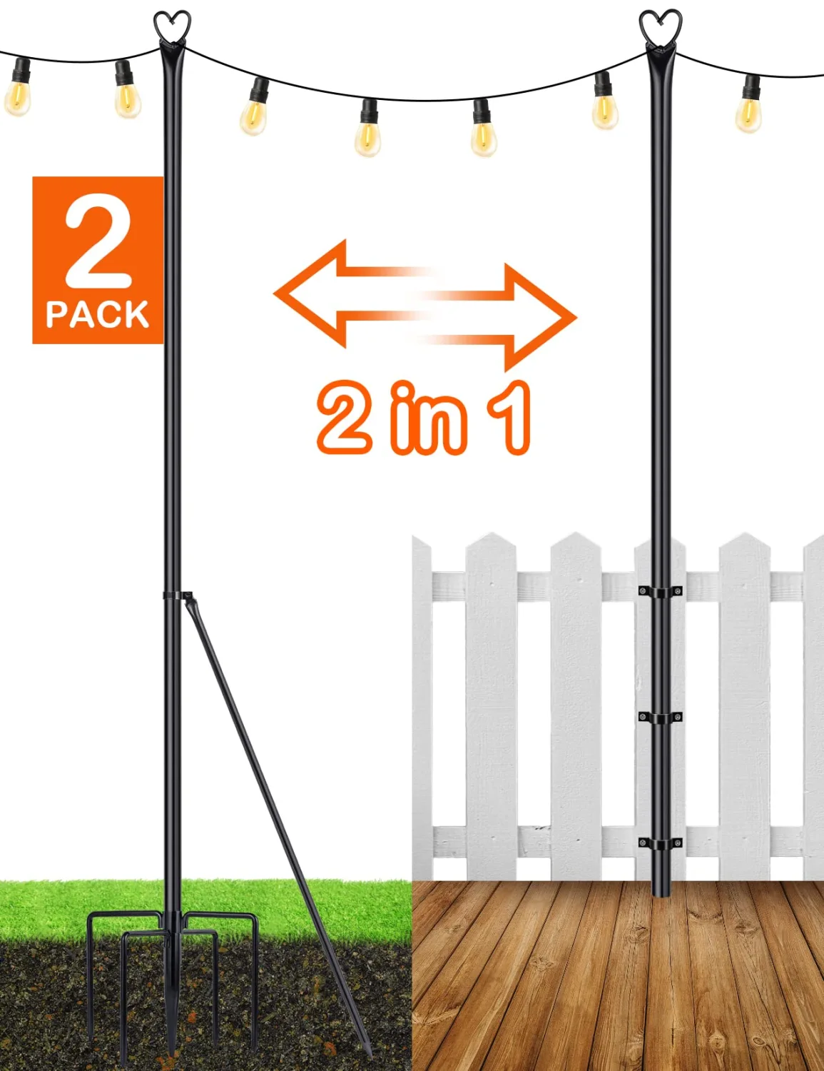 LOPANNY String Light Poles - 2 Pack 9.8FT for Outside Hanging - Backyard, Garden, Patio, Deck Lighting Stand for Parties, Wedding