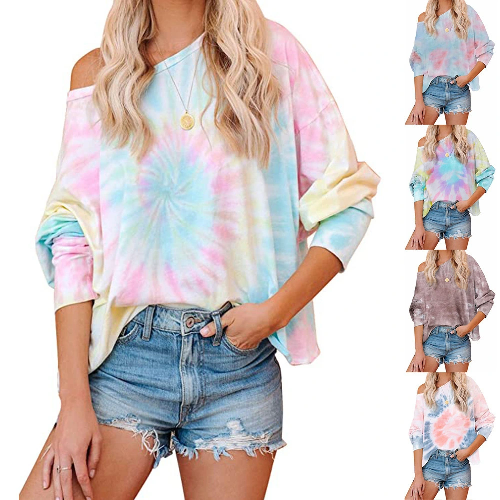 2023 Tie Dyed Women's Top European and American Gradient Print Long Sleeve Round Neck Casual T-shirt