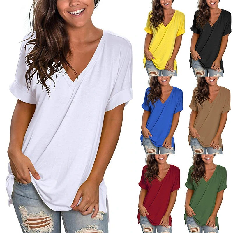 2023 Europe and America Summer New Popular V-neck Solid Short Sleeve Top Loose Women's T-shirt