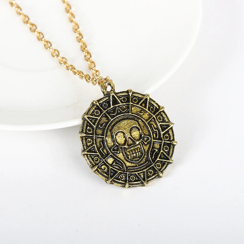 Gold Coin Chain Men's Skull Necklace Pendant