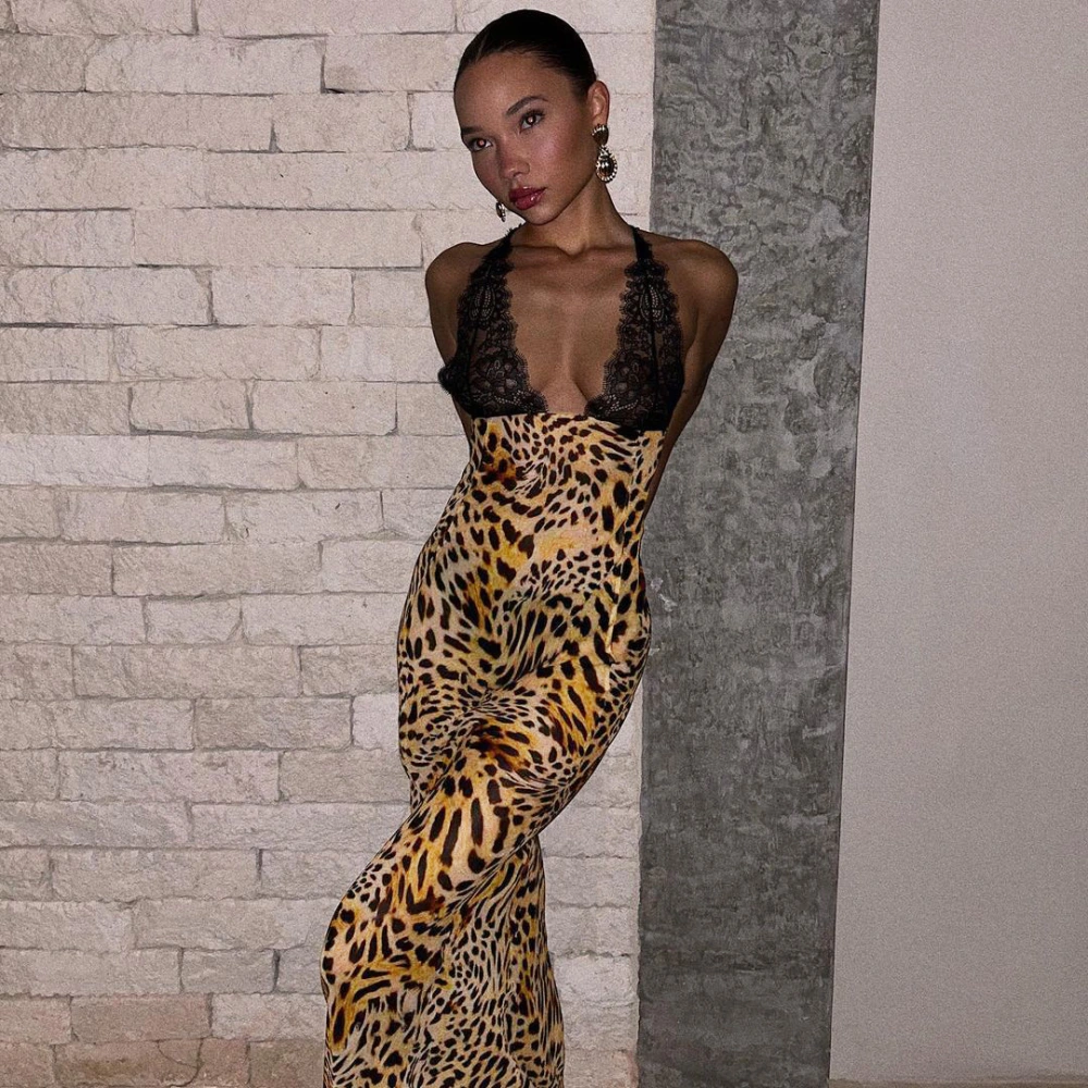 Women's Knitted Lace Strap Leopard Print Dress