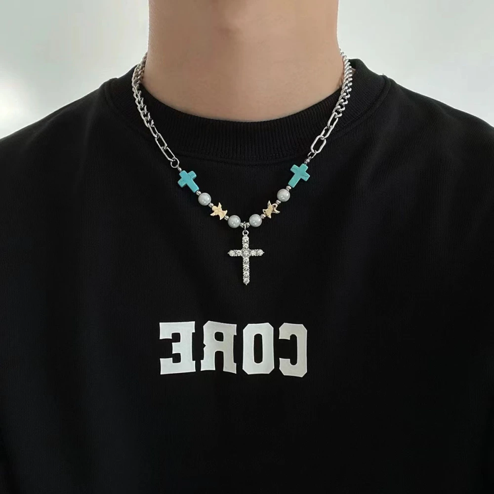 Turquoise Studded Diamond Cross Men's Titanium Steel Necklace