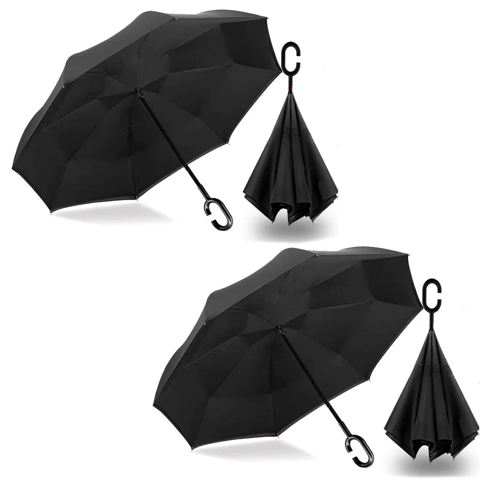 MRTLLOA 40/49/56 Inch Oversize Windproof Inverted Reverse Upside Down Umbrella, Golf Size Rain Umbrella, Double Layer, C-Shaped Handle for Men, Women and Kids (Black-2 Pack, 49 Inch)