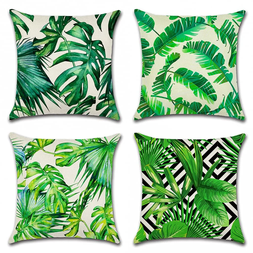 Artscope Set of 4 Decorative Throw Pillow Covers 18x18 Inches, Tropical Plants Pattern Waterproof Cushion Covers, Perfect to Outdoor Patio Garden Living Room Sofa Farmhouse Decor 03